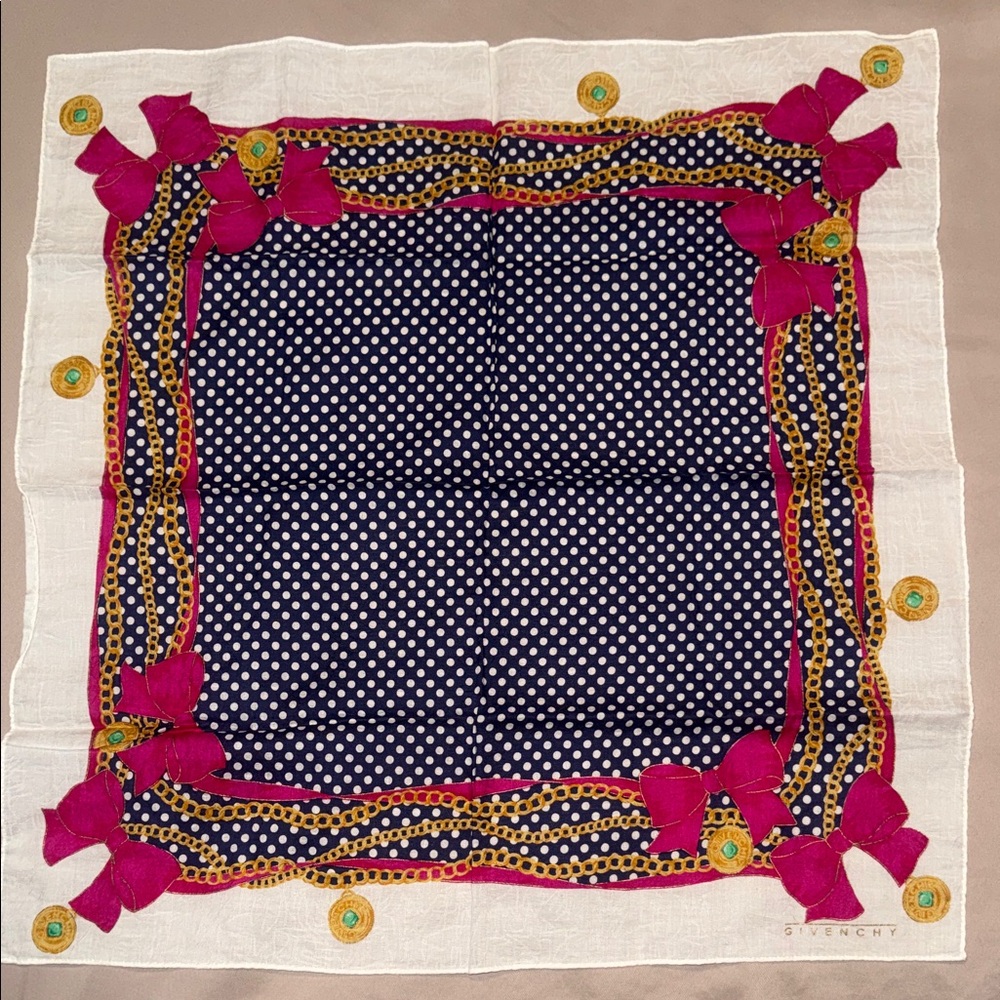 Givenchy Navy and Pink Polka Dot Scarf/ Handkerchief Cotton